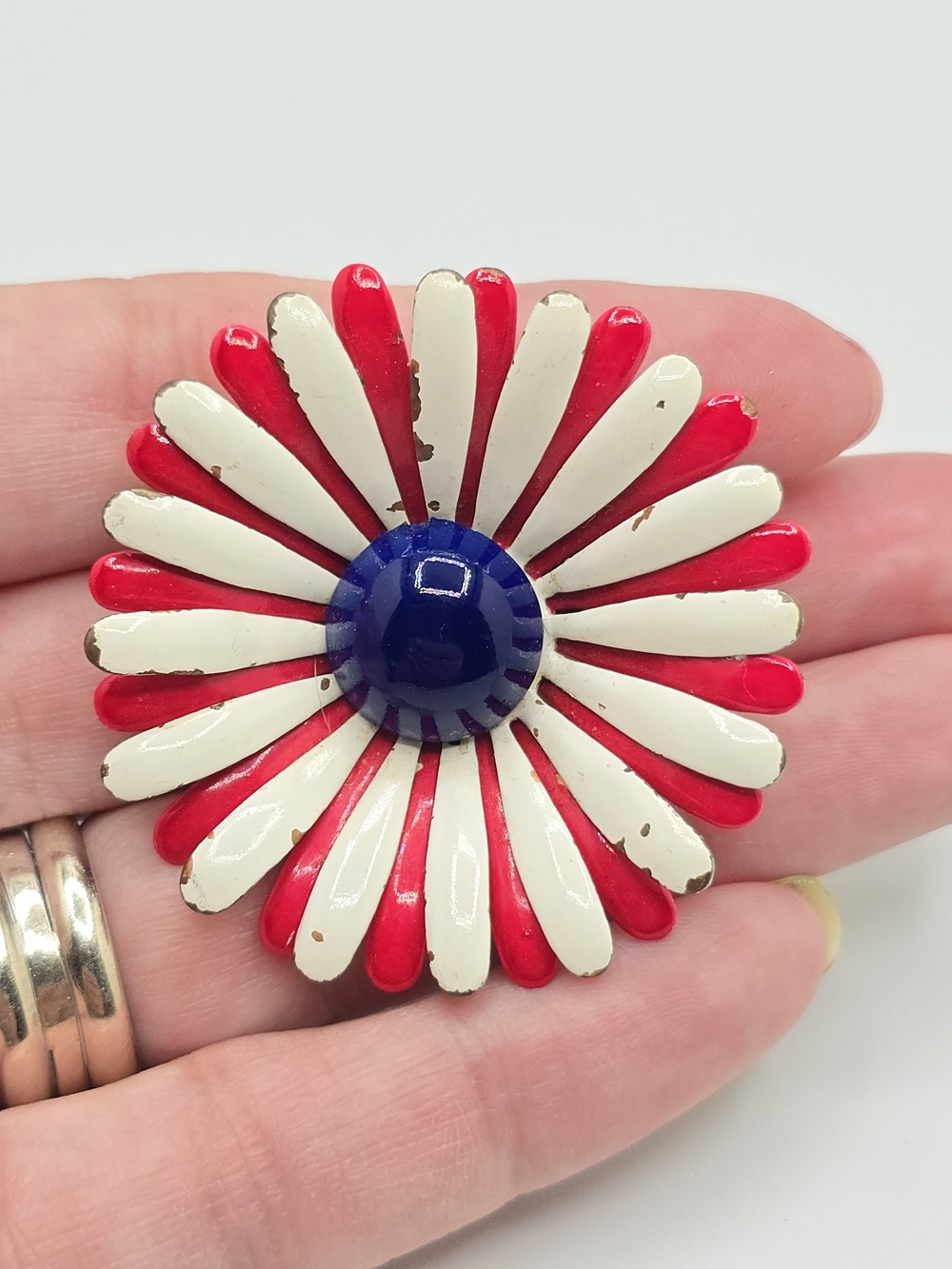 Vintage Enamel Flower Brooch Red, White, & Blue Layered Metal 1.5" Patriotic